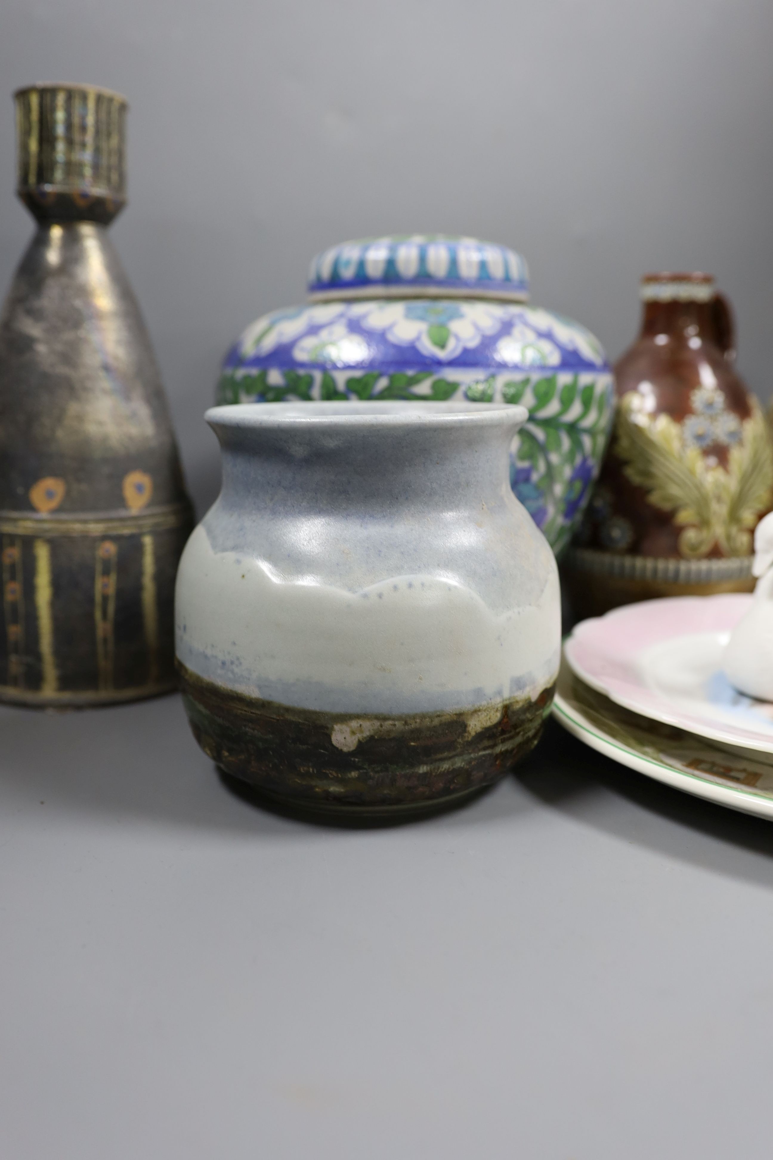 A pair of Royal Doulton whisky flagons, a Ned Hayward 1977 vase, Indian jar and cover etc
